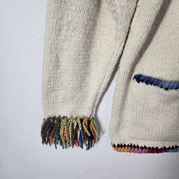 The Sweater Venture Hand Knit Wool Alpaca Cardigan Ivory Multi Fringe Zip Front - Picture 4 of 15